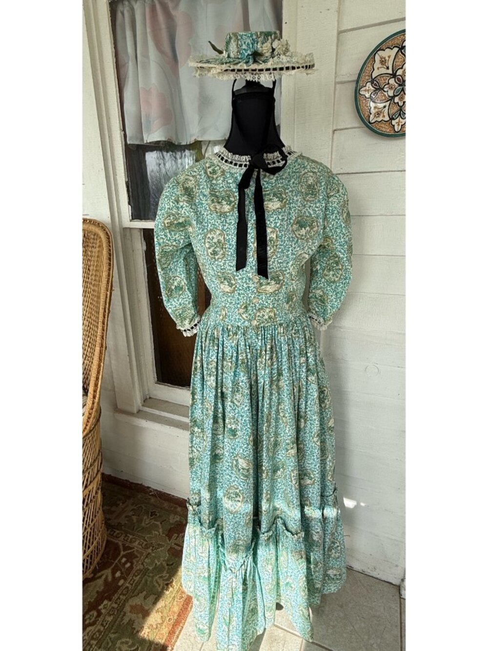 Vintage 60s Cotton Maxi Prairie Dress With Matching Hat Size M